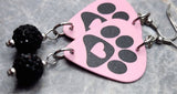 Paw Print and Heart on Pink Guitar Pick Earrings with Black Pave Bead Dangles
