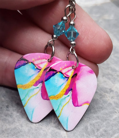 Alcohol Ink Effect Guitar Pick Earrings with Opaque Turquoise Swarovski Crystals