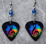 G Clef on a Pop of MultiColor Guitar Pick Earrings with Capri Blue Swarovski Crystals