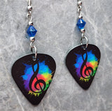 G Clef on a Pop of MultiColor Guitar Pick Earrings with Capri Blue Swarovski Crystals