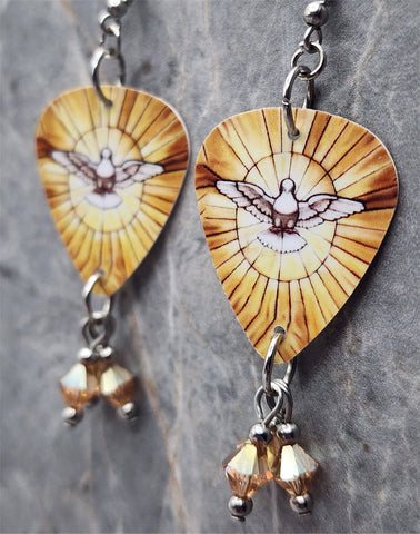 Peace Dove on Stained Glass Guitar Pick Earrings with Metallic Sunshine Swarovski Crystal Dangles