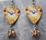 Peace Dove on Stained Glass Guitar Pick Earrings with Metallic Sunshine Swarovski Crystal Dangles
