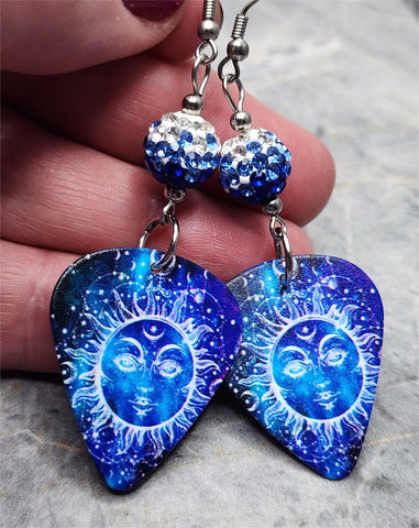 Blue Celestial Sun Guitar Pick Earrings with Blue Ombre Pave Beads