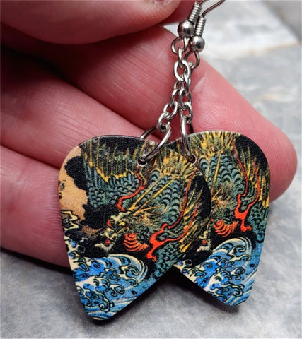 Asian Style Dragon Artwork Dangling Guitar Pick Earrings