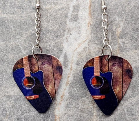Dark Blue Acoustic Guitar Dangling Guitar Pick Earrings