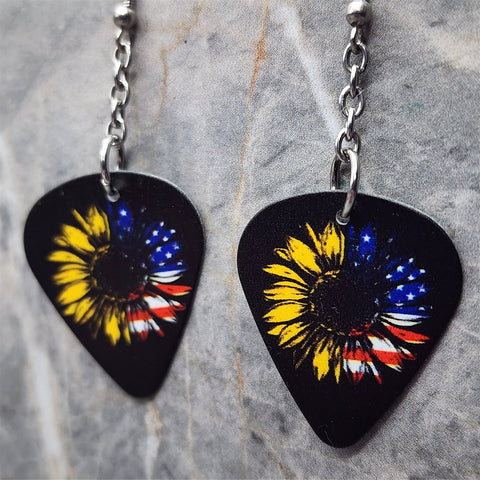 American Flag on a Sunflower Dangling Guitar Pick Earrings