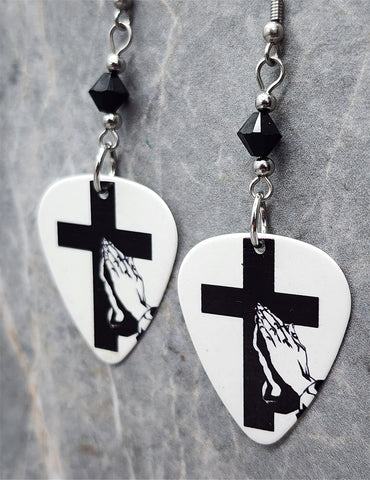 Prayer Hands and Cross Guitar Pick Earrings with Black Swarovski Crystals