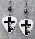 Prayer Hands and Cross Guitar Pick Earrings with Black Swarovski Crystals