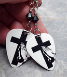 Prayer Hands and Cross Guitar Pick Earrings with Black Swarovski Crystals