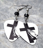 Prayer Hands and Cross Guitar Pick Earrings with Black Swarovski Crystals