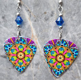 Blue, Green, and Purple Mandala Guitar Pick Earrings with Capri Blue Swarovski Crystals