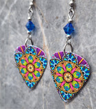 Blue, Green, and Purple Mandala Guitar Pick Earrings with Capri Blue Swarovski Crystals