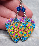 Blue, Green, and Purple Mandala Guitar Pick Earrings with Capri Blue Swarovski Crystals