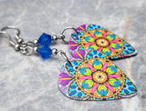 Blue, Green, and Purple Mandala Guitar Pick Earrings with Capri Blue Swarovski Crystals