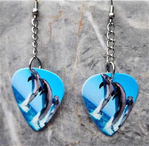 Dolphins Jumping Guitar Pick Dangling Earrings