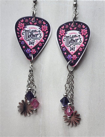 Happy Mother's Day Flowered Guitar Pick Earrings with Stainless Steel Flower and Swarovski Crystal Dangles
