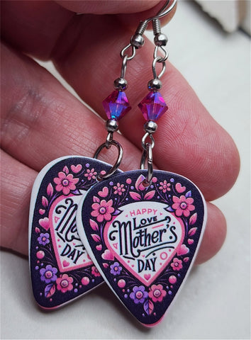 Happy Mother's Day Flowered Guitar Pick Earrings with Fuchsia ABx2 Swarovski Crystals