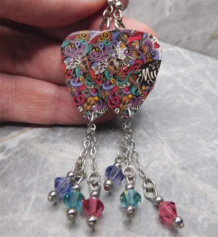 Music Inspired Graffiti Guitar Pick Earrings with Swarovski Crystal Dangles