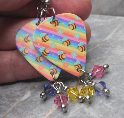 Bumblebees on Colorful Guitar Pick Earrings with Swarovski Crystal Dangles