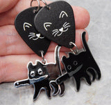 Black Cat Face Guitar Pick Earrings with Black Cat with A Knife Dangles