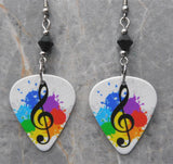 G Clef with Color Splats White Guitar Pick Earrings with Black Swarovski Crystals