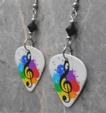 G Clef with Color Splats White Guitar Pick Earrings with Black Swarovski Crystals