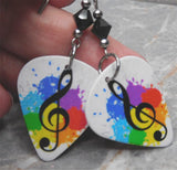 G Clef with Color Splats White Guitar Pick Earrings with Black Swarovski Crystals