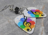 G Clef with Color Splats White Guitar Pick Earrings with Black Swarovski Crystals