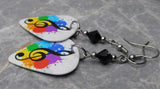 G Clef with Color Splats White Guitar Pick Earrings with Black Swarovski Crystals