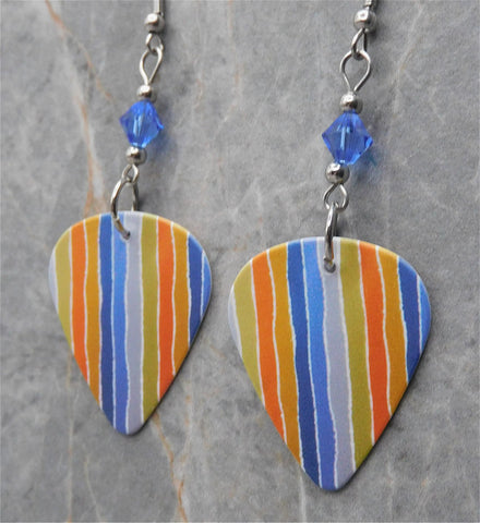 Wavey Colored Stripes Guitar Pick Earrings with Blue Swarovski Crystals