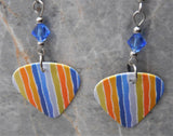 Wavey Colored Stripes Guitar Pick Earrings with Blue Swarovski Crystals