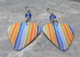 Wavey Colored Stripes Guitar Pick Earrings with Blue Swarovski Crystals