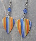 Wavey Colored Stripes Guitar Pick Earrings with Blue Swarovski Crystals