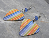 Wavey Colored Stripes Guitar Pick Earrings with Blue Swarovski Crystals