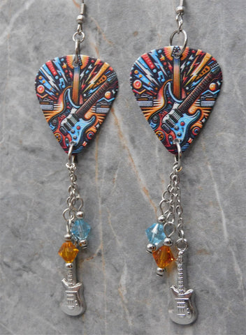 Electric Guitar Blue and Brown Guitar Pick Earrings with Stainless Steel Charms and Swarovski Crystal Dangles