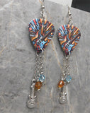 Electric Guitar Blue and Brown Guitar Pick Earrings with Stainless Steel Charms and Swarovski Crystal Dangles