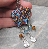 Electric Guitar Blue and Brown Guitar Pick Earrings with Stainless Steel Charms and Swarovski Crystal Dangles