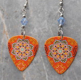 Orange and Blue Mandala Pattern Guitar Pick Earrings with Light Blue Swarovski Crystals