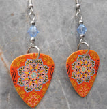 Orange and Blue Mandala Pattern Guitar Pick Earrings with Light Blue Swarovski Crystals