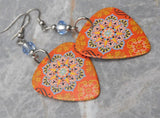 Orange and Blue Mandala Pattern Guitar Pick Earrings with Light Blue Swarovski Crystals