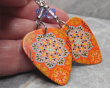 Orange and Blue Mandala Pattern Guitar Pick Earrings with Light Blue Swarovski Crystals