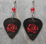 Deep Red Rose on Black Guitar Pick Earrings with Red Swarovski Crystals