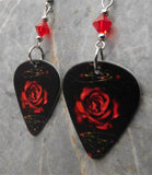 Deep Red Rose on Black Guitar Pick Earrings with Red Swarovski Crystals