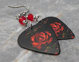 Deep Red Rose on Black Guitar Pick Earrings with Red Swarovski Crystals