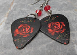 Deep Red Rose on Black Guitar Pick Earrings with Red Swarovski Crystals