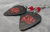 Deep Red Rose on Black Guitar Pick Earrings with Red Swarovski Crystals