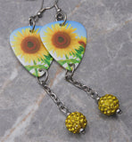 Sunflower Guitar Pick Earrings with Yellow Pave Bead Dangles