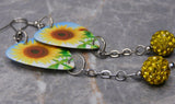 Sunflower Guitar Pick Earrings with Yellow Pave Bead Dangles