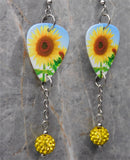 Sunflower Guitar Pick Earrings with Yellow Pave Bead Dangles