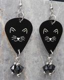 Black Cat Face Guitar Pick Earrings with Black Swarovski Crystals Dangles